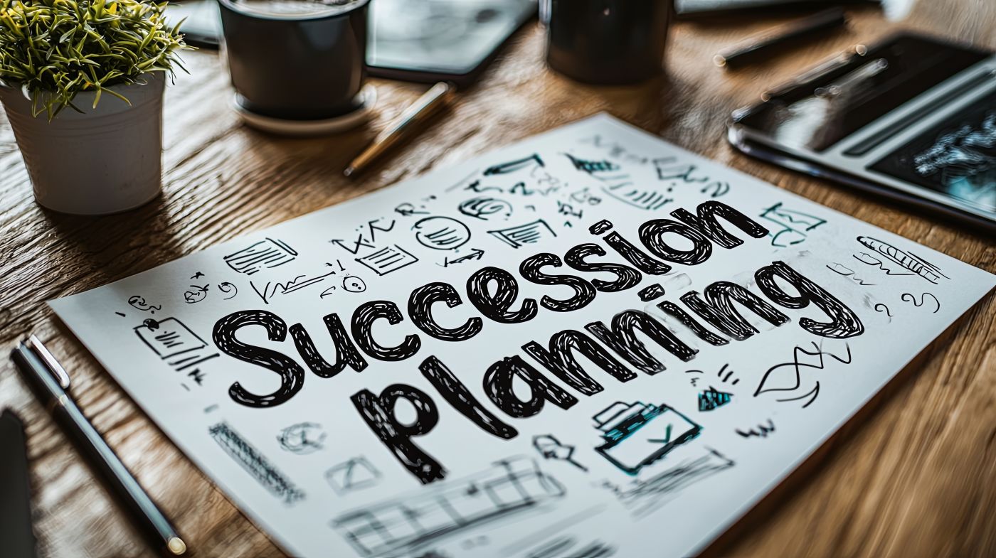 Succession planning document is spread out on a wooden desk