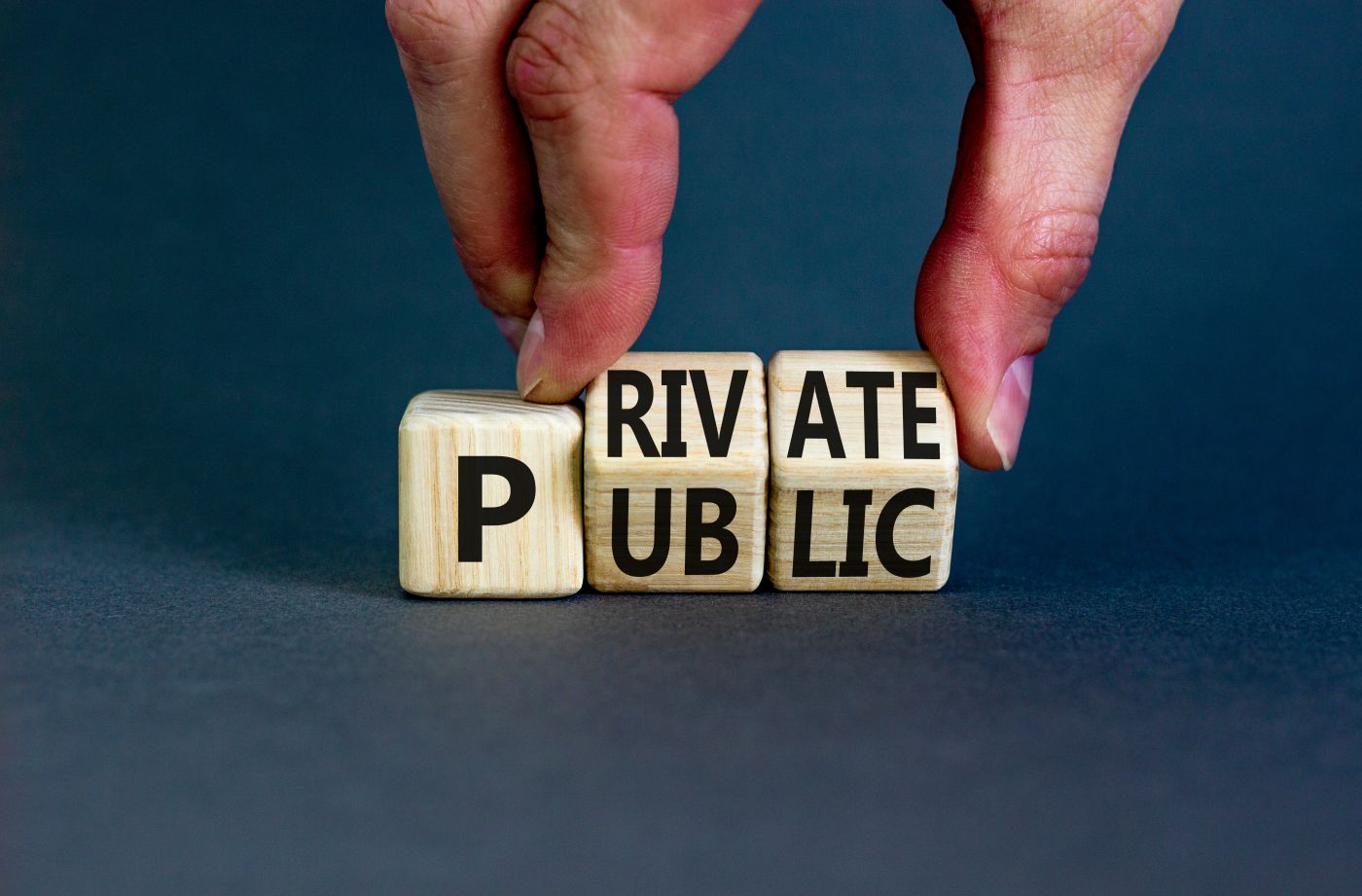 Hands holding wooden cube with Private or Public word
