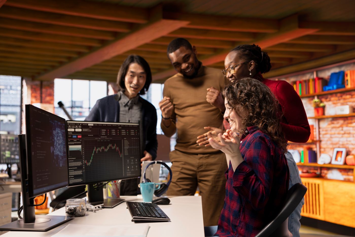 Cheerful team looking at financial growth