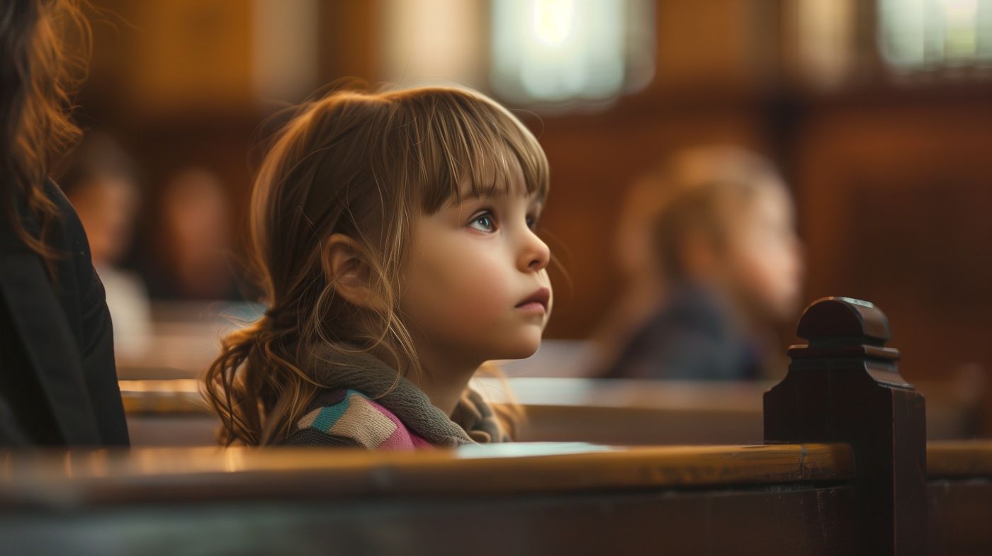 Little girl waiting for custody decision in courtroom