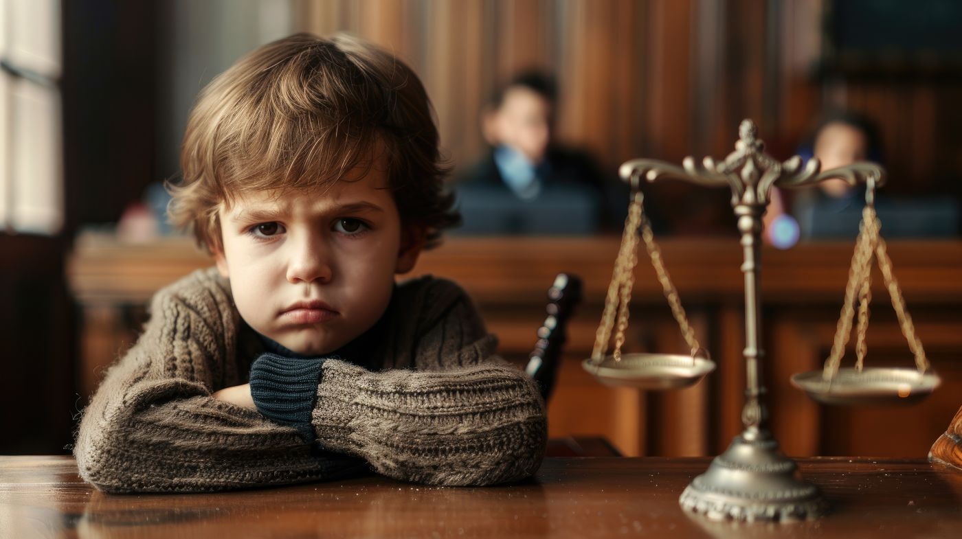 Cute child with gavel in table