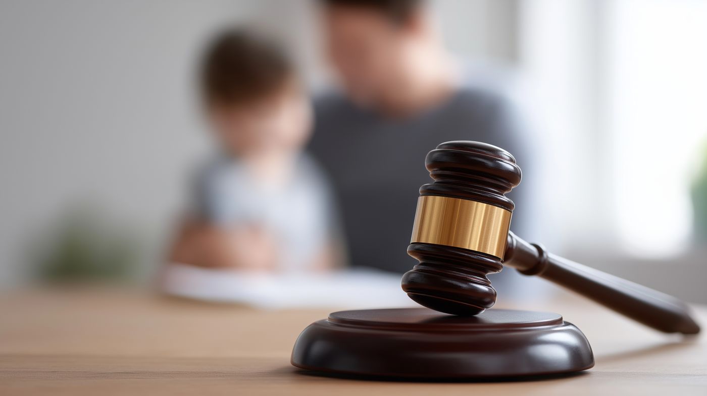 Judge's gavel resting on desk with blurred parent and child