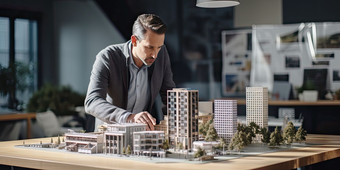 Businessman looking at model of commercial building development