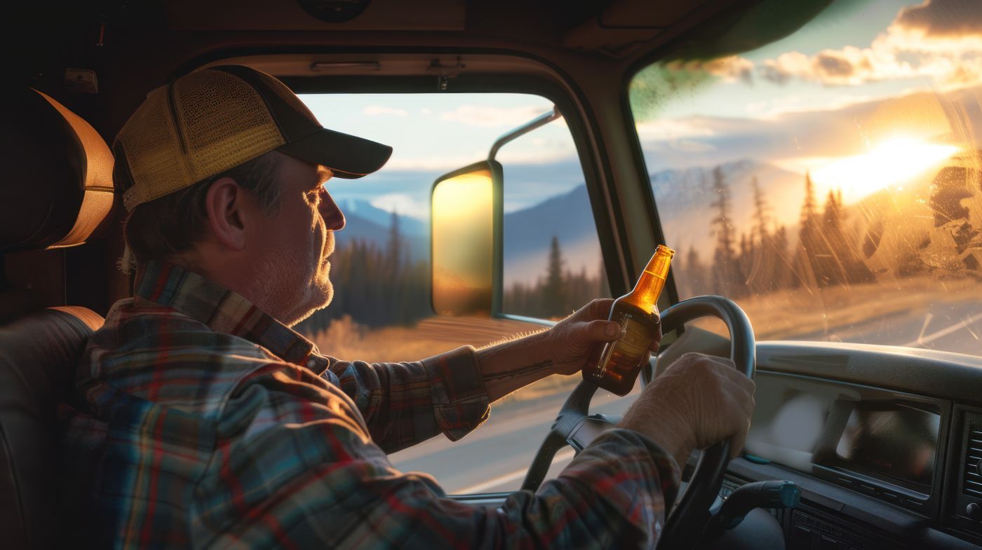 Truck driver holding beer in hand while driving
