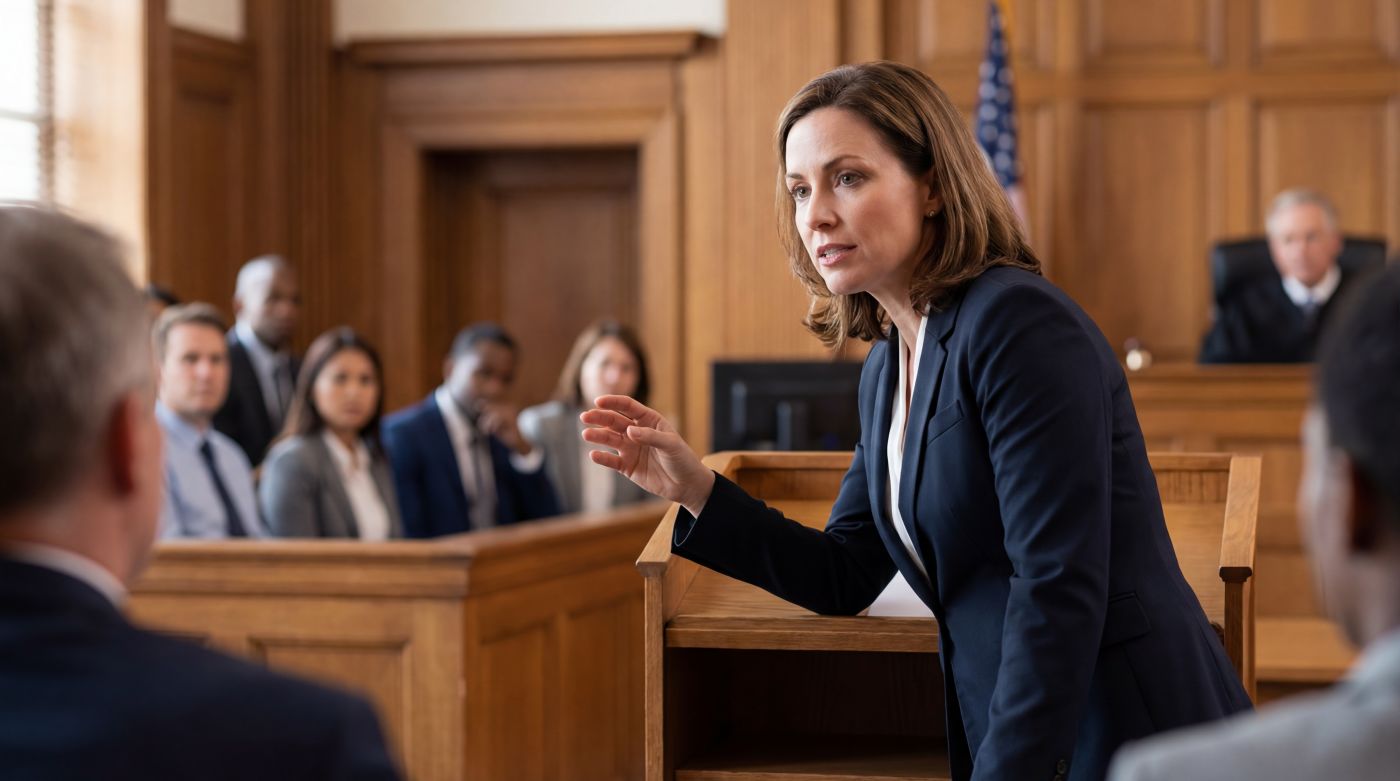 Lawyer addressing jury in courtroom