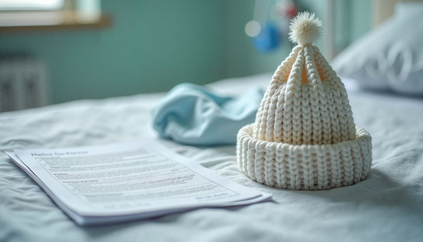 Knitted newborn baby hat beside birth certificate