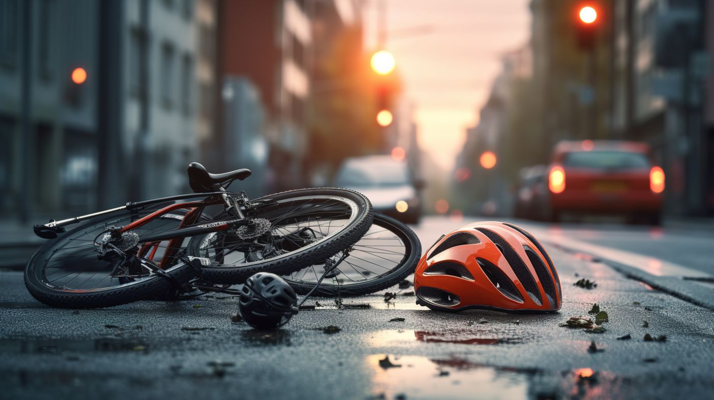 Crashed bicycle with helmet on road