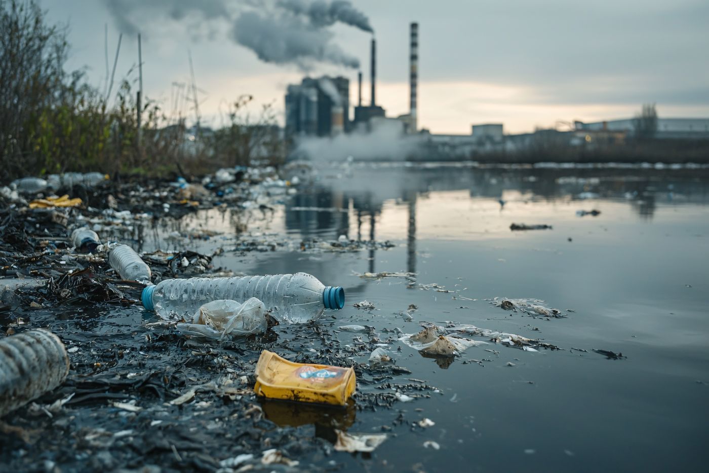 Polluted river due to factory waste and chemicals