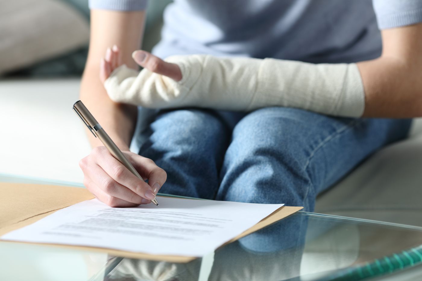 Injured person filling insurance claim form