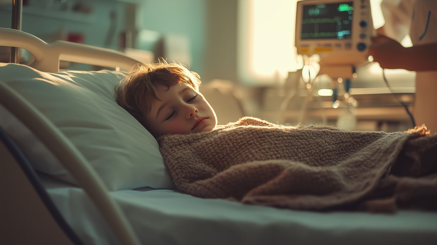 Child lying in hospital bed