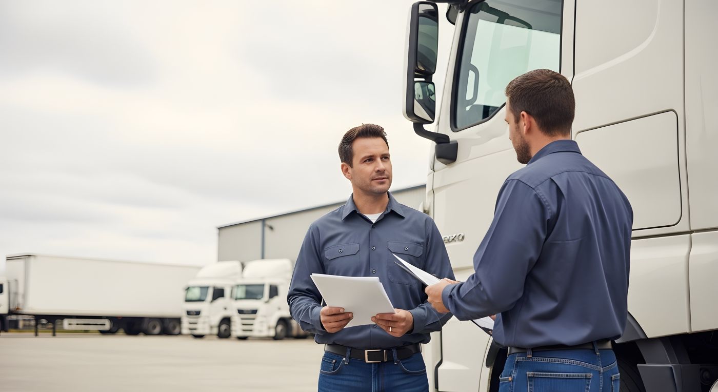 Supervisor with document talking to a truck driver