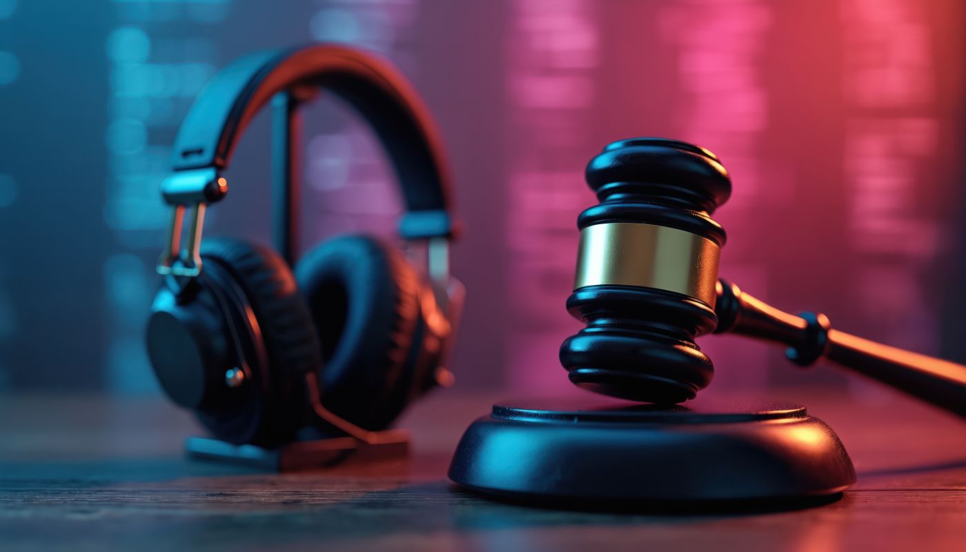 Headphones near judge gavel, representing music copyright law