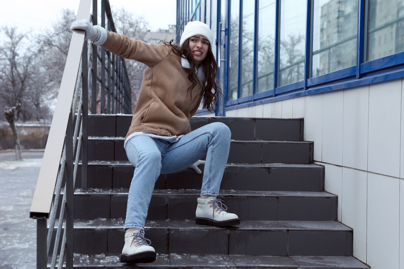 Women slip on staircase