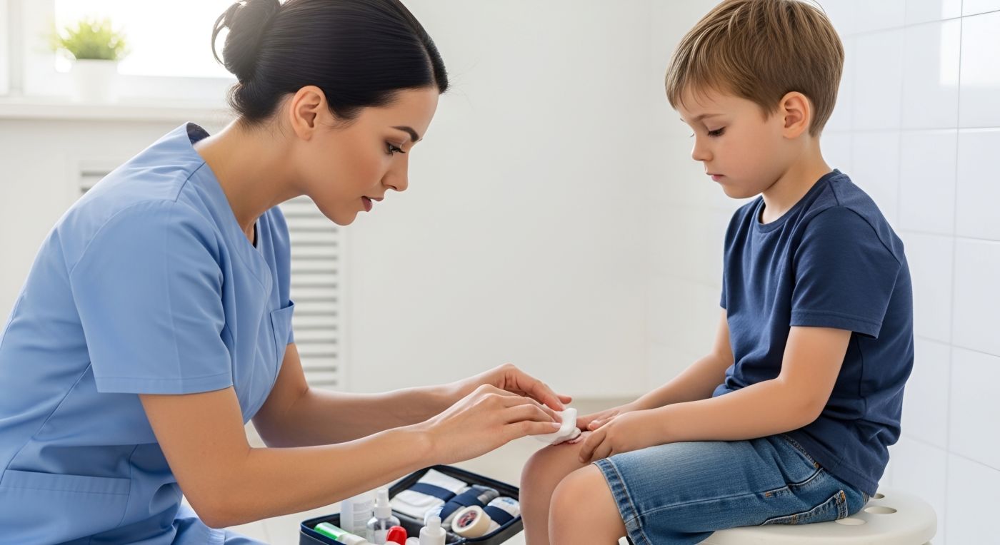 Nurse Treating a Child's Knee Injury
