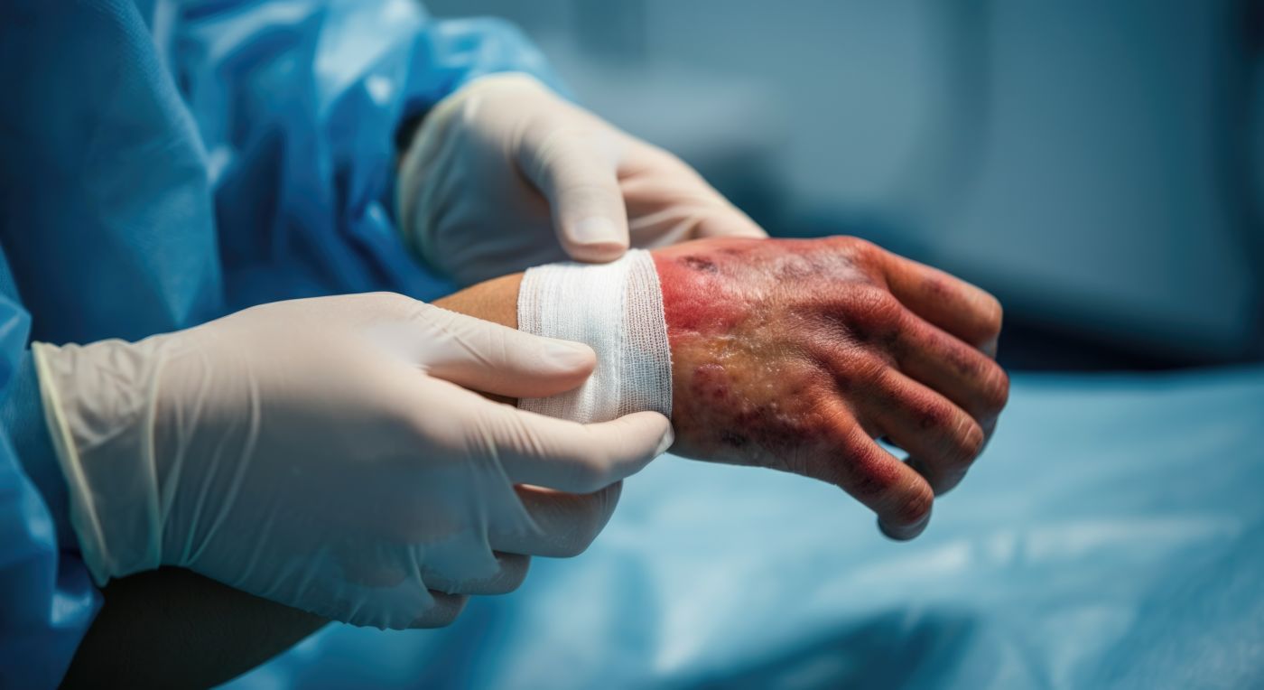 Nurse bandaging hand with burnt injury