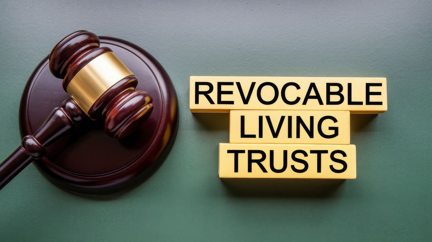 Wooden gavel rests next to blocks spelling revocable living trusts