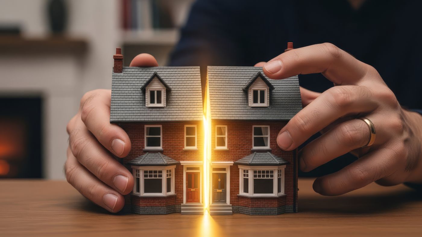 Hands dividing house model in equal parts
