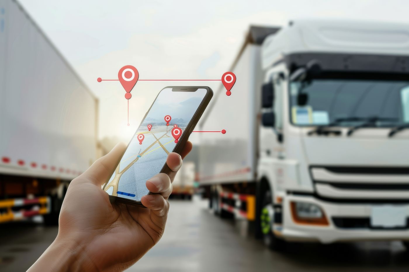 Smartphone with a GPS tracking app against trucks