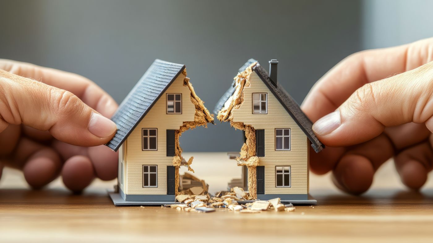 Model house split in two by hands symbolizing divorce