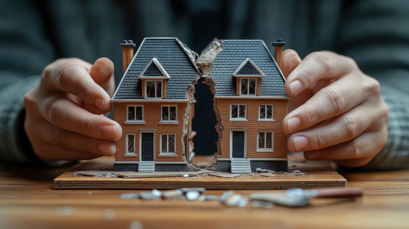 Hands hold model house split in two