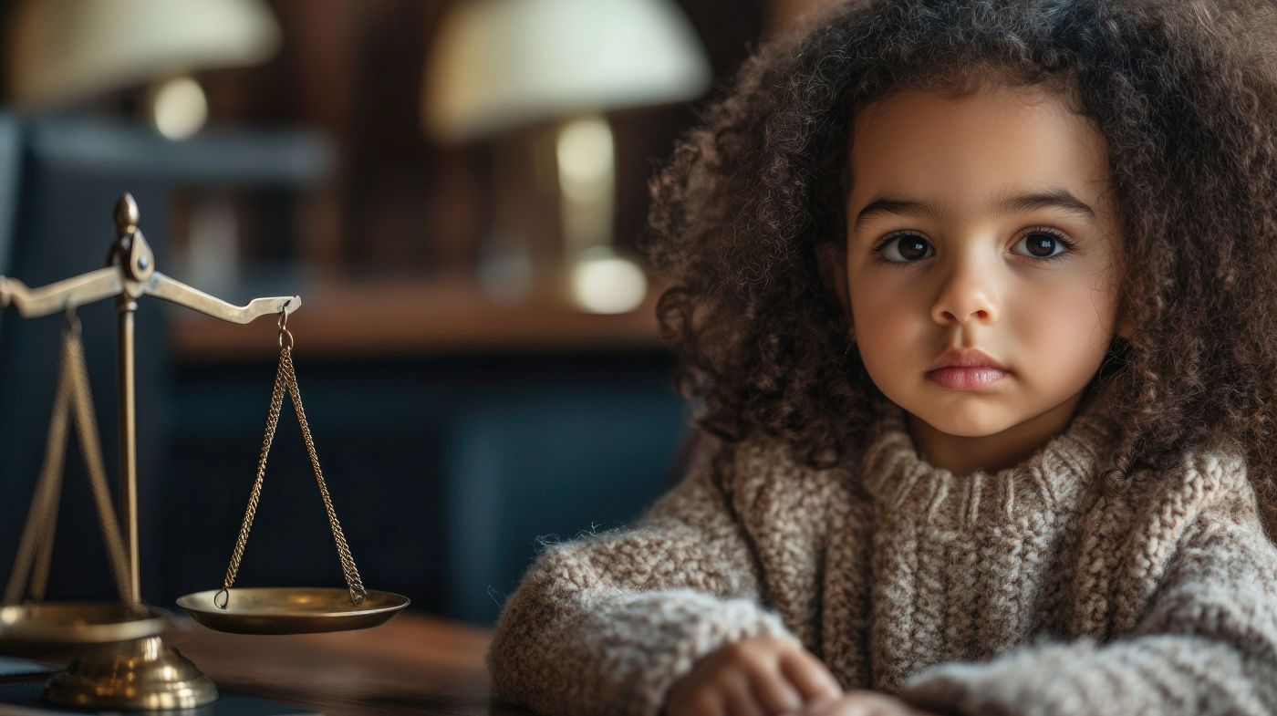 Little child with scale of Justice in table