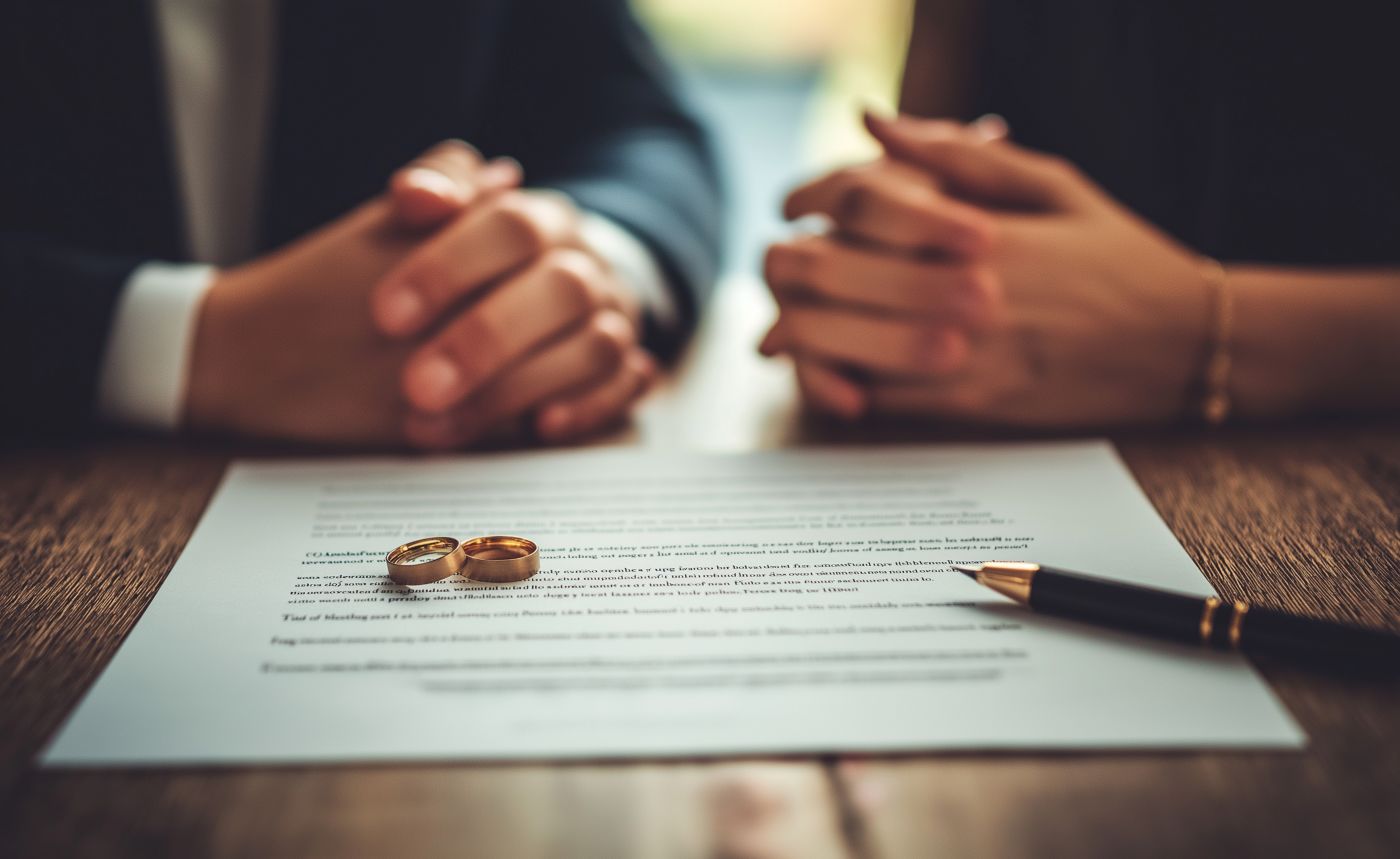 Wedding ring on top of divorce paper signed by couples