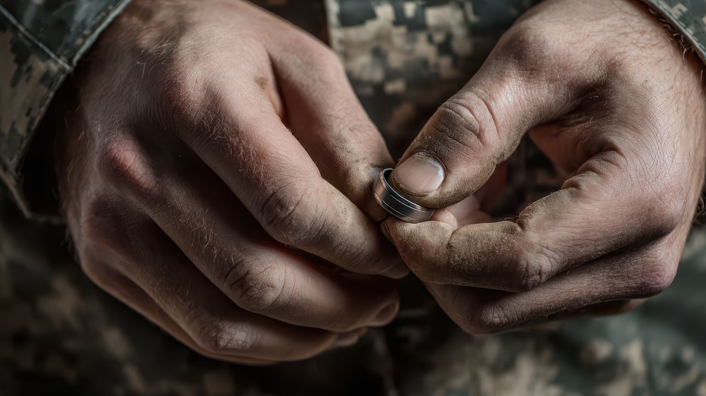Military person removing wedding ring from hand