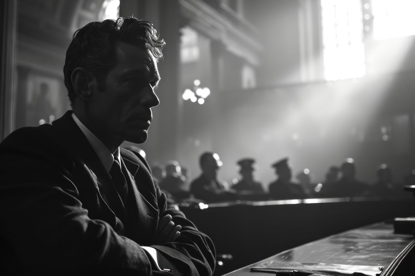 Black and White Portrayal of a Man in courtroom