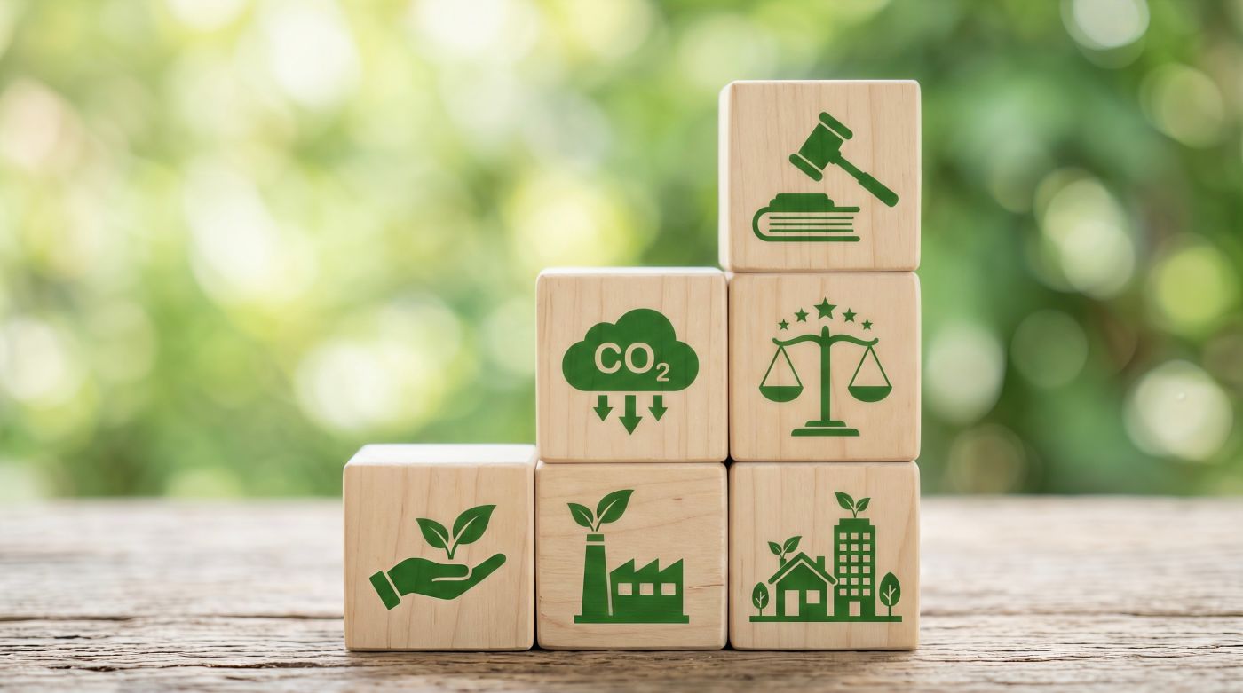 Wooden blocks with environmental law icons