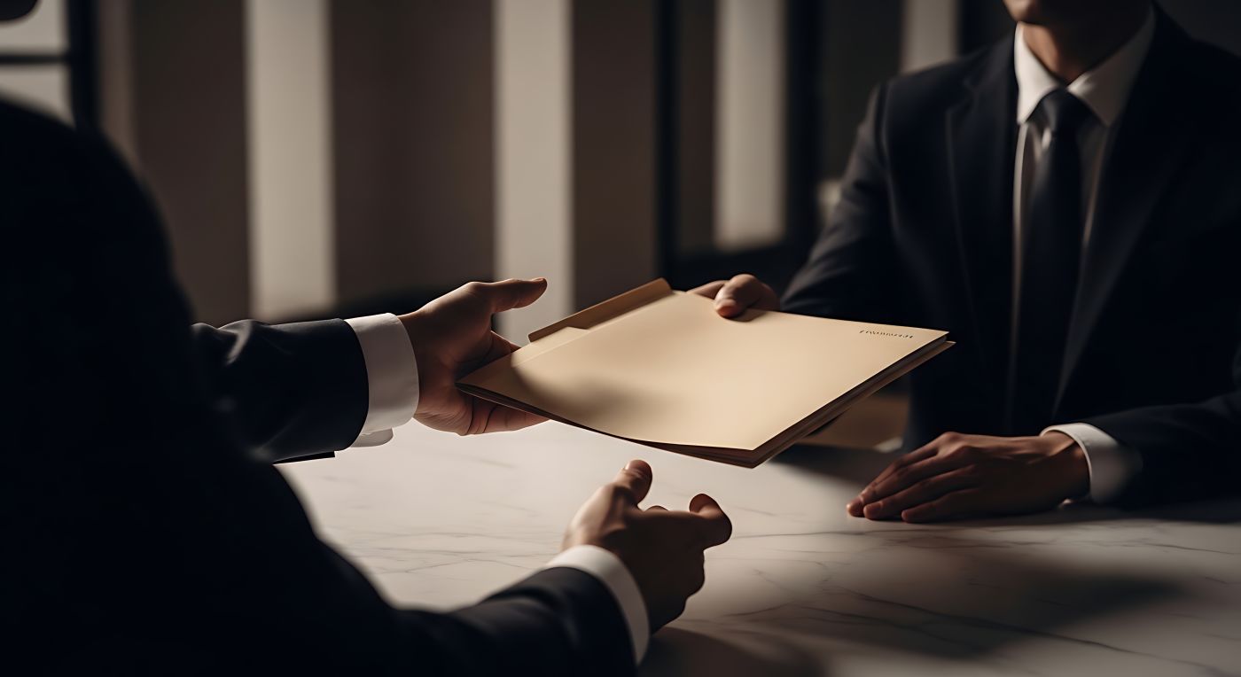 Professionals exchanging confidential business documents