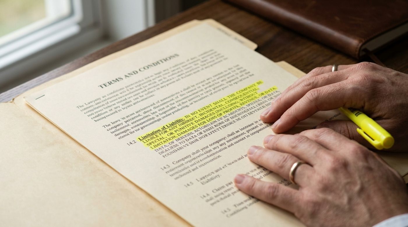 Lawyer highlighting hidden clauses on legal document
