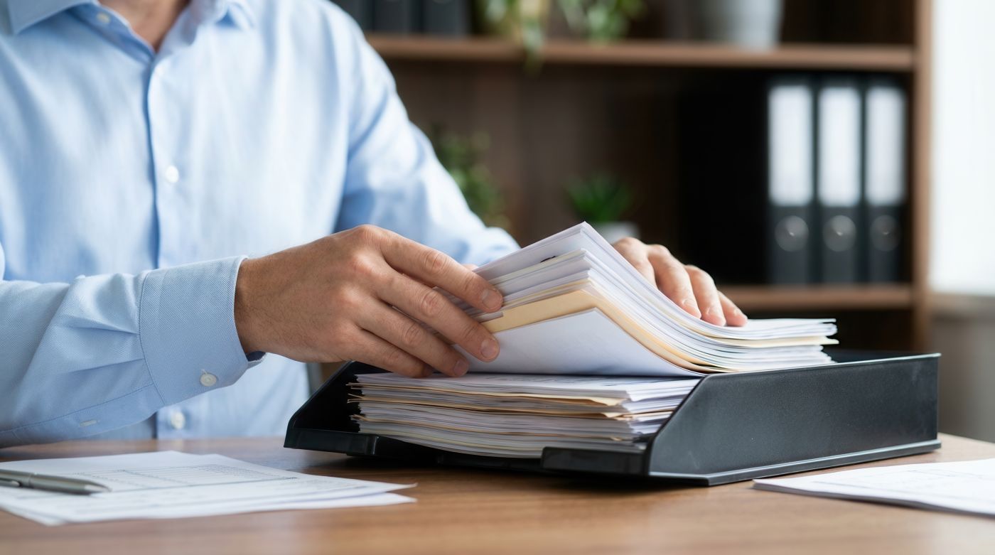 Man organizing financial document