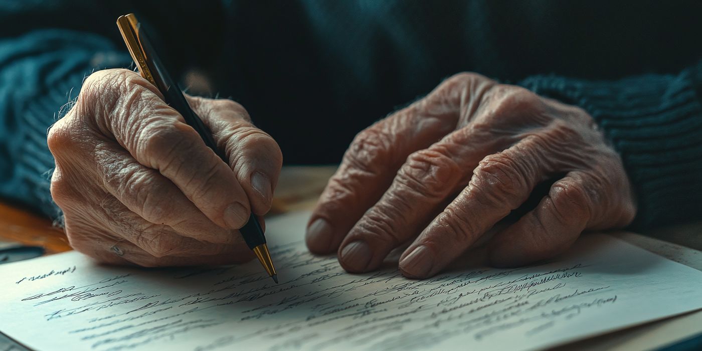 Close-up of an old man's hand updating last will