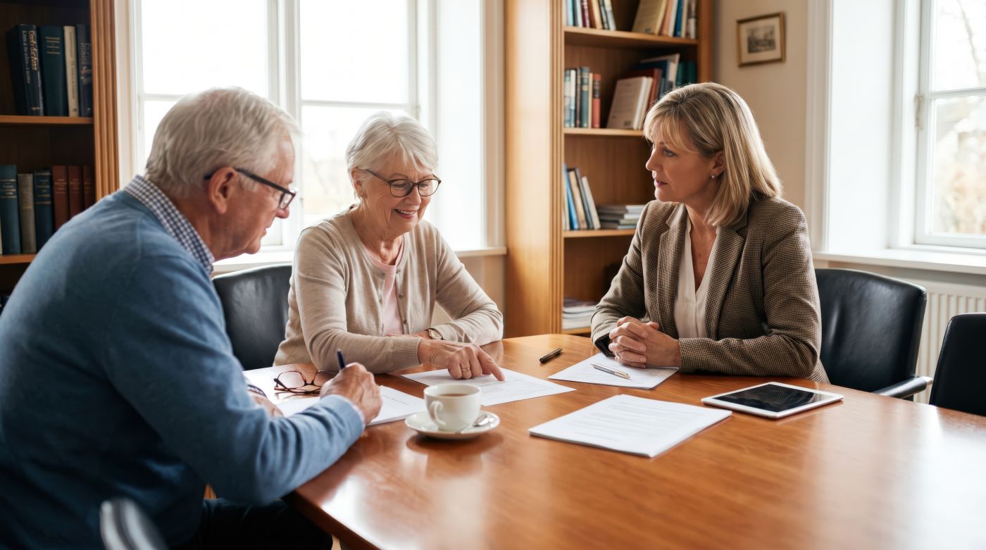 Senior couples consulting with attorney