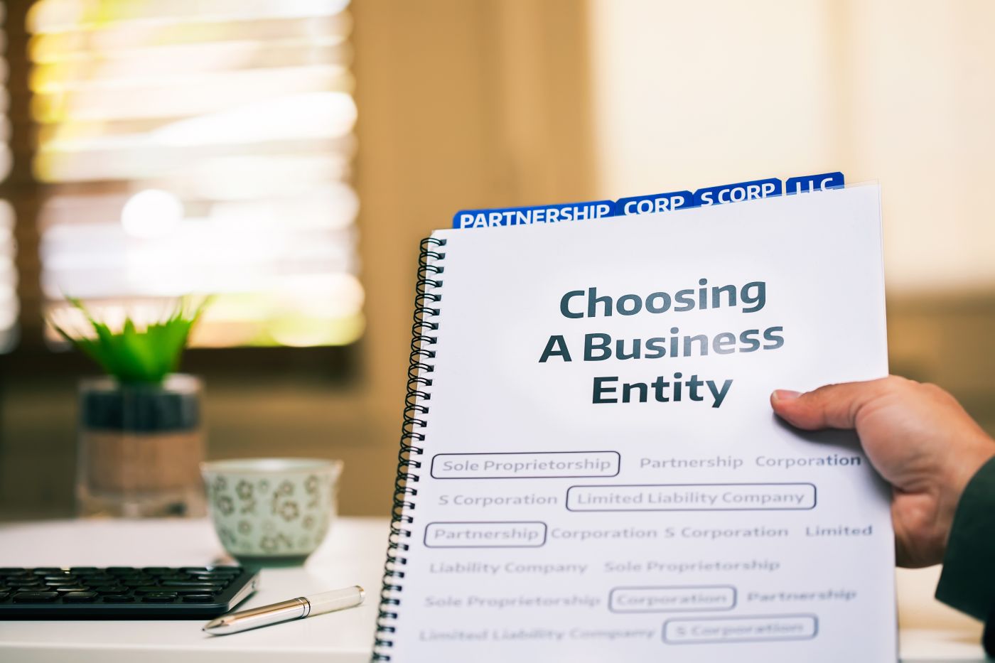 Hand holding document on how to choose a business entity