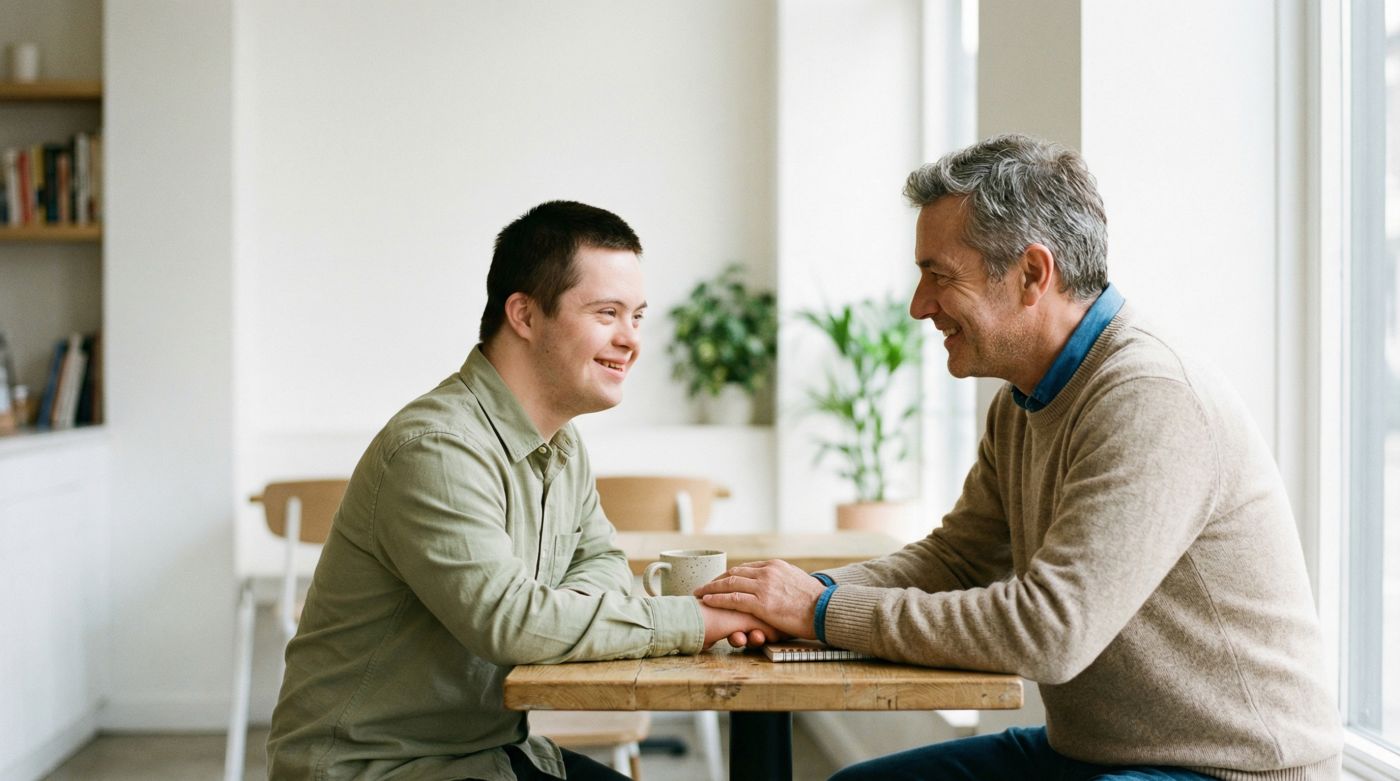 Man with Down syndrome and an older man hold hands