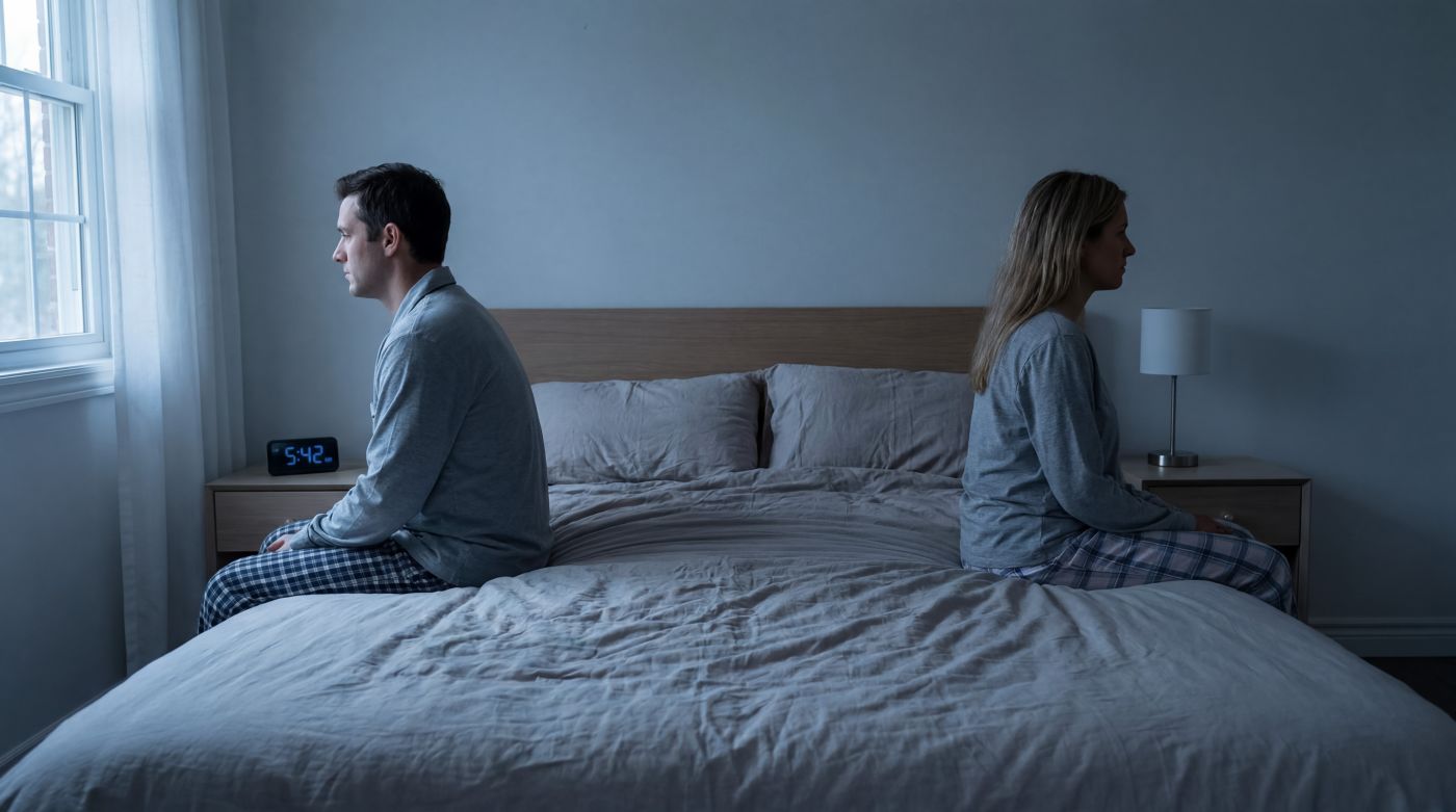 Couple sitting on opposite sides of a bed showing marital conflict
