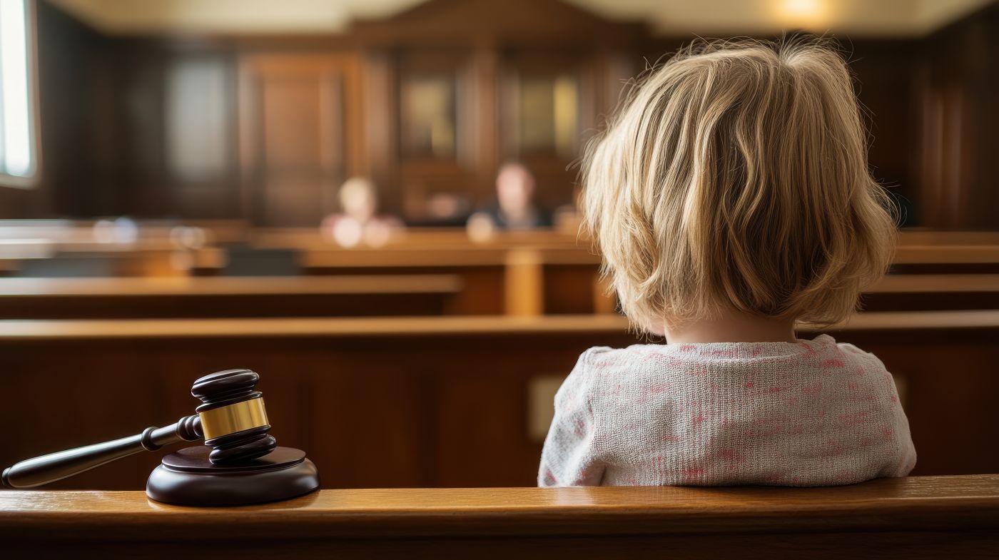 Child and gavel in courtroom