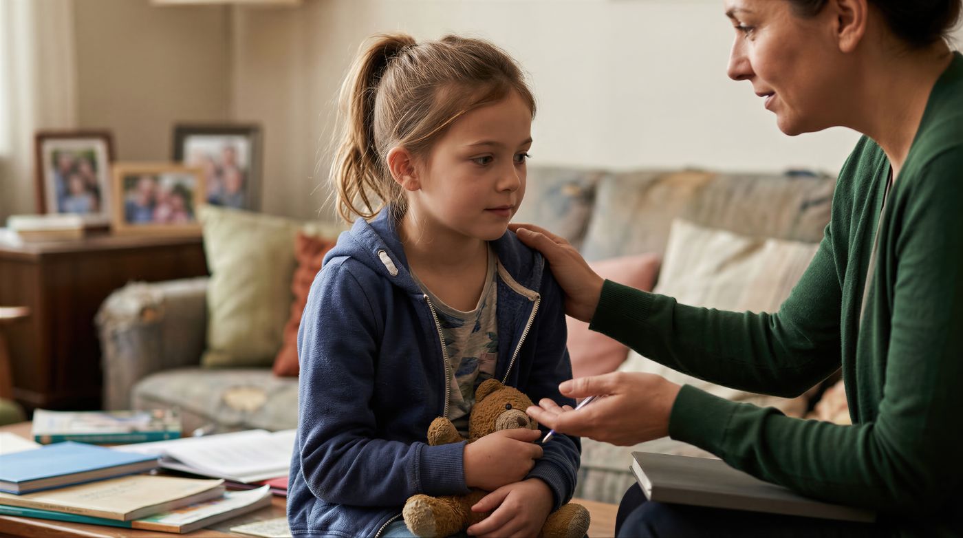 Social worker comforting sad little girl
