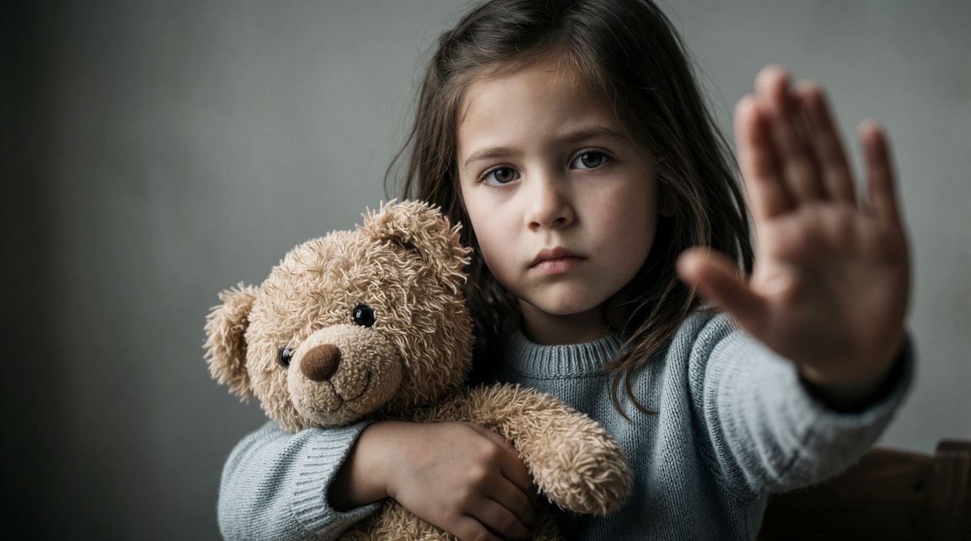 Young girl holding teddy bear shows stop gesture with hand