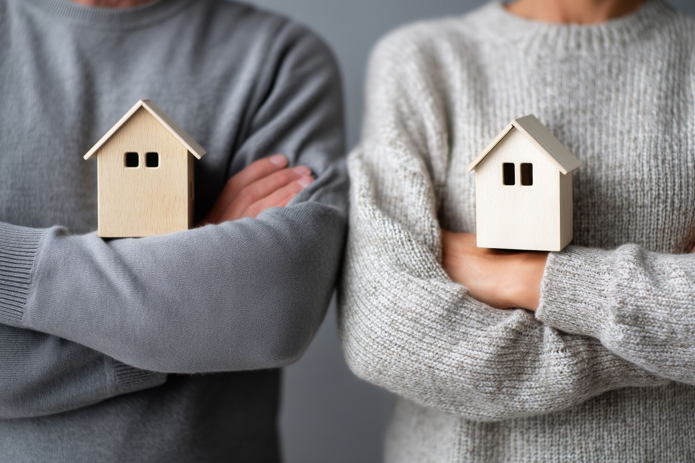 Man, and Women with wooden houses symbolizing property division