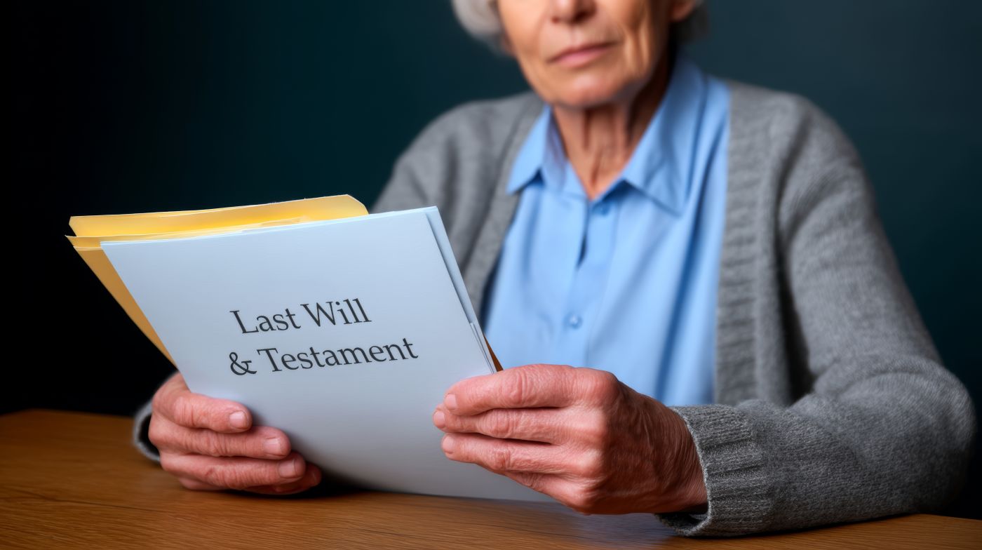 Old women holding last will and testament document in hand