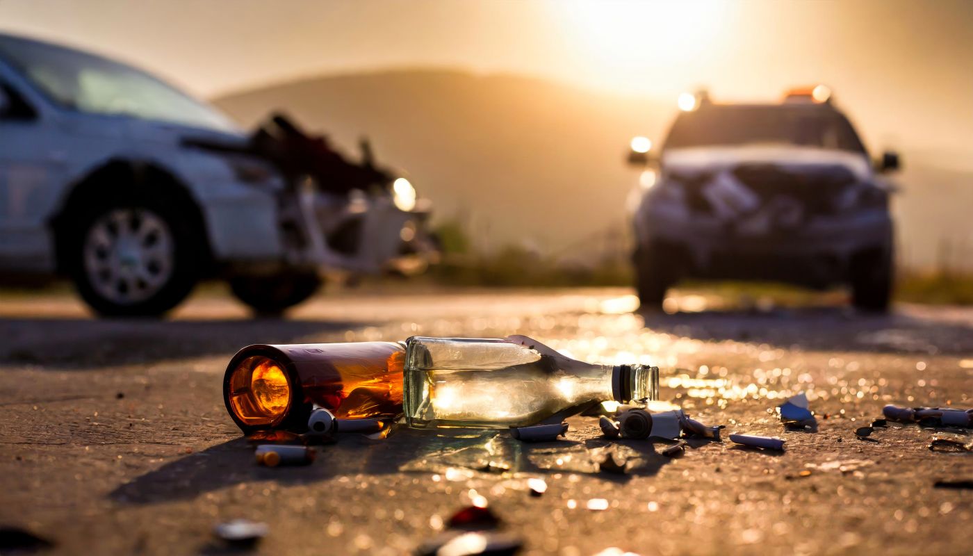 Car accident with alcohol bottle on road