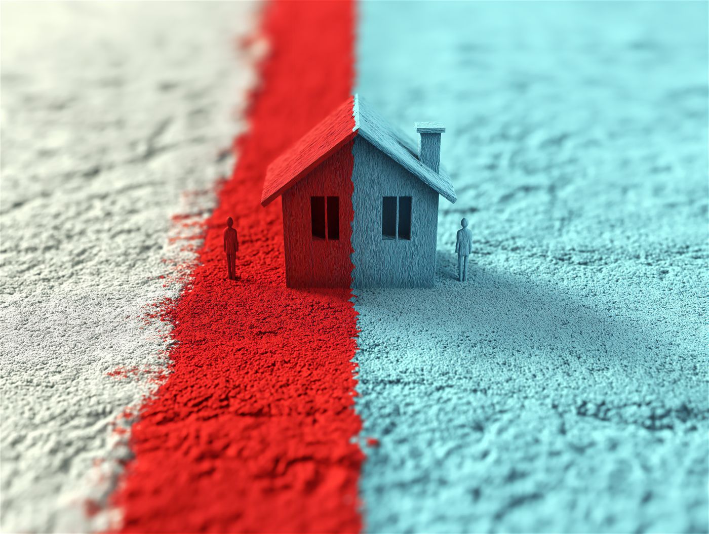 Model house in two different colors representing property dispute