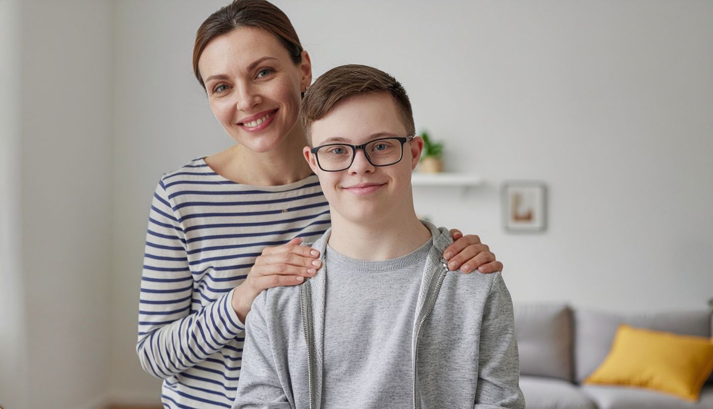 Mother stands beside her smiling teenage son with Down syndrome