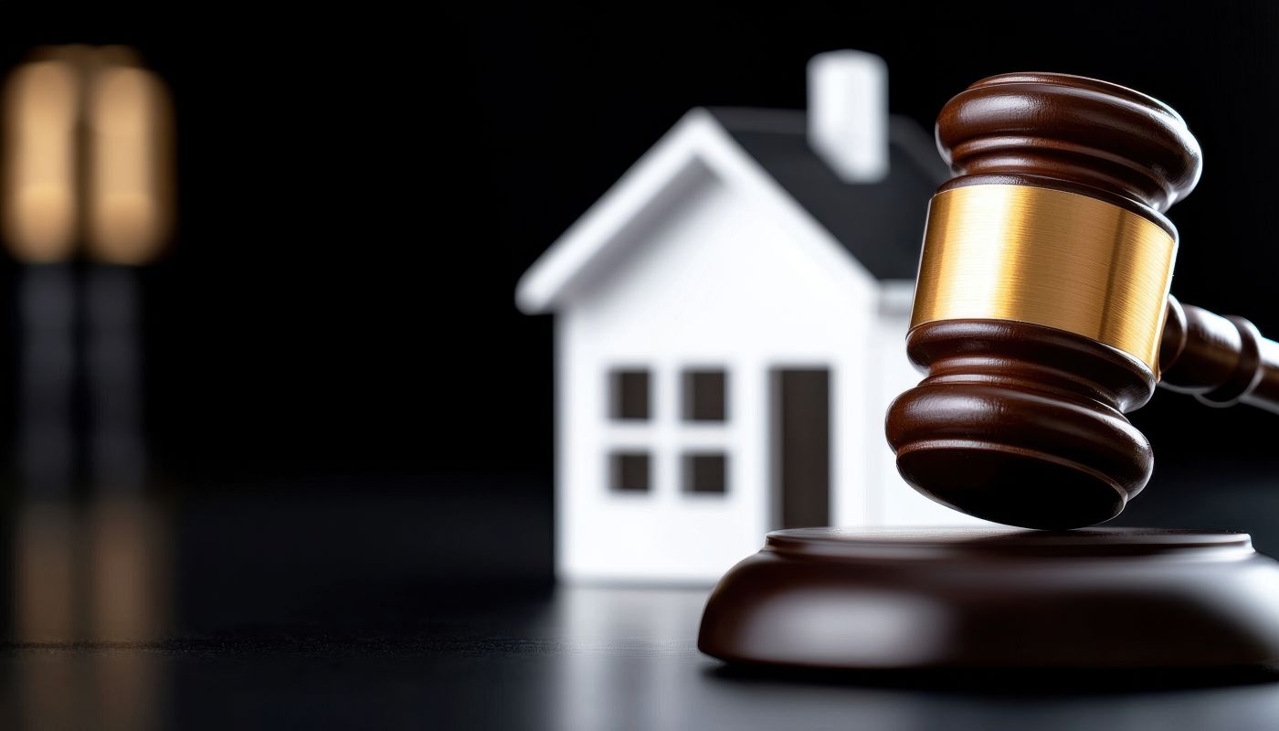 Gavel and house model in table