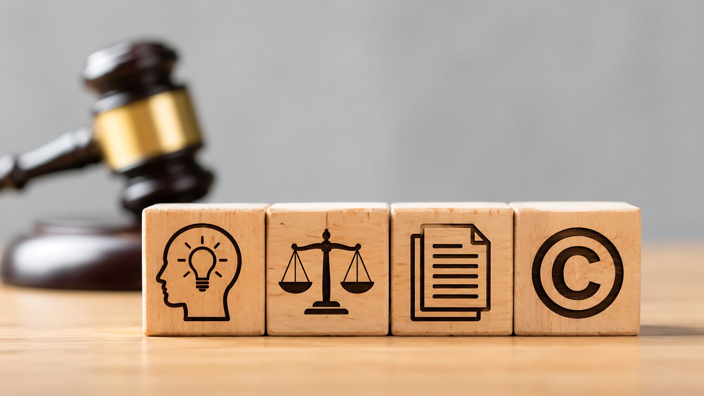 Gavel and wooden blocks with IP related icons