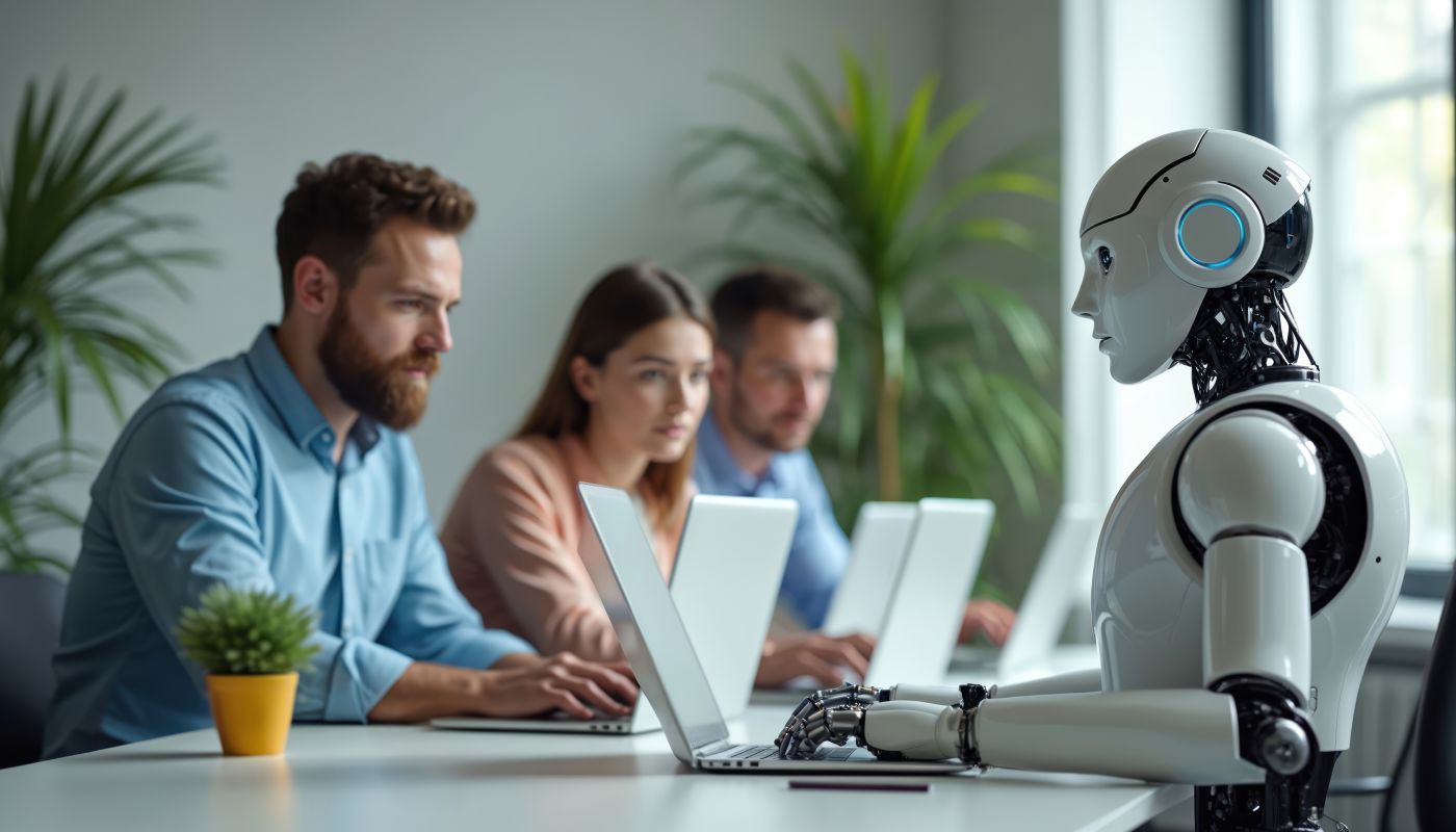 People work with robot on laptops in office