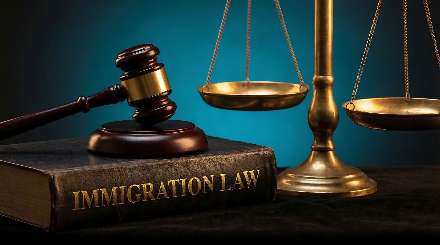 immigration law book gavel on top and scales of justice