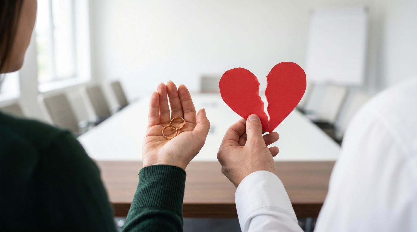 Woman and man holding wedding rings and broken heart